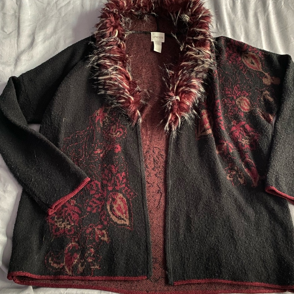 Vintage 90s Chico's Black and Burgundy Cardigan with Faux Fur Trim Paisley Med